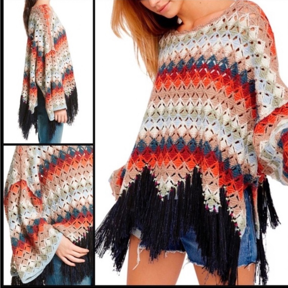 Free People Multicolor Fringe Knit Sweater